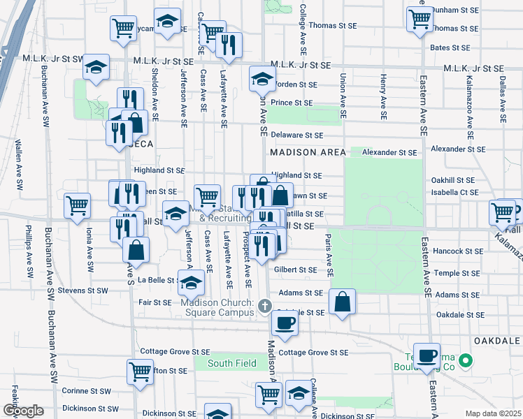 map of restaurants, bars, coffee shops, grocery stores, and more near 1151 Madison Avenue Southeast in Grand Rapids
