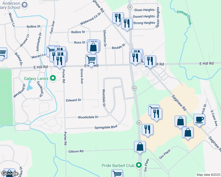 map of restaurants, bars, coffee shops, grocery stores, and more near 6069 Woodsdale Drive in Grand Blanc