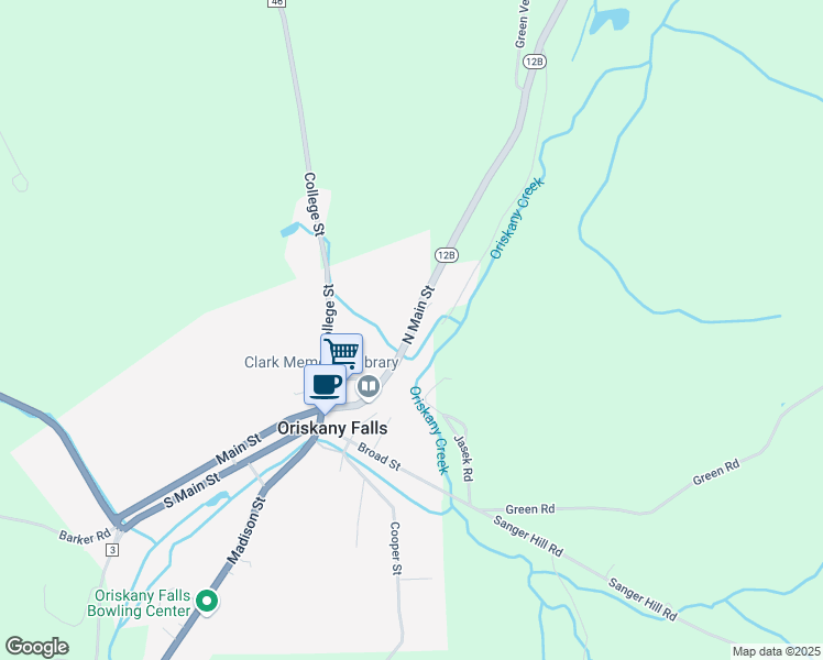 map of restaurants, bars, coffee shops, grocery stores, and more near 177 North Main Street in Oriskany Falls
