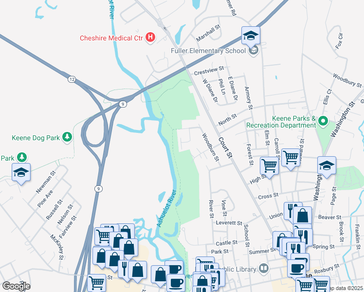 map of restaurants, bars, coffee shops, grocery stores, and more near 54 Harmony Lane in Keene