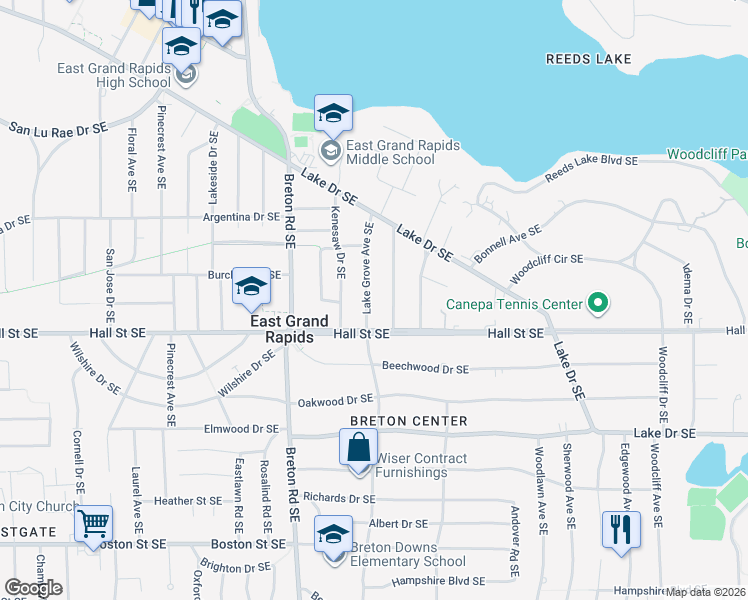 map of restaurants, bars, coffee shops, grocery stores, and more near 1132 Lake Grove Avenue Southeast in Grand Rapids