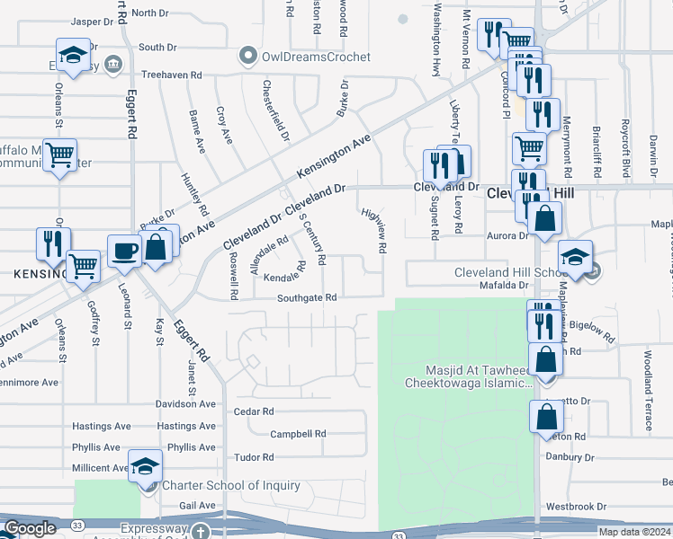 map of restaurants, bars, coffee shops, grocery stores, and more near 34 Furlong Rd in Buffalo