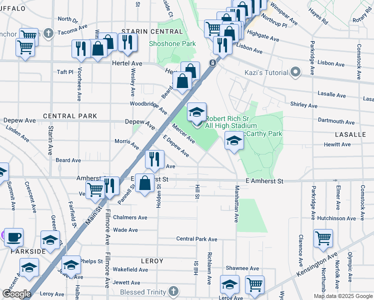 map of restaurants, bars, coffee shops, grocery stores, and more near 72 East Depew Avenue in Buffalo