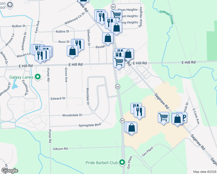 map of restaurants, bars, coffee shops, grocery stores, and more near 6085 Springdale Boulevard in Grand Blanc