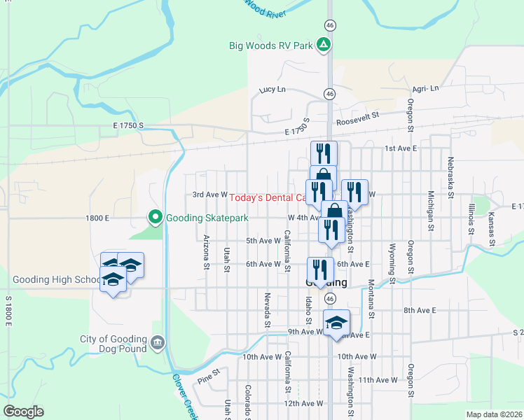 map of restaurants, bars, coffee shops, grocery stores, and more near 337 Nevada Street in Gooding