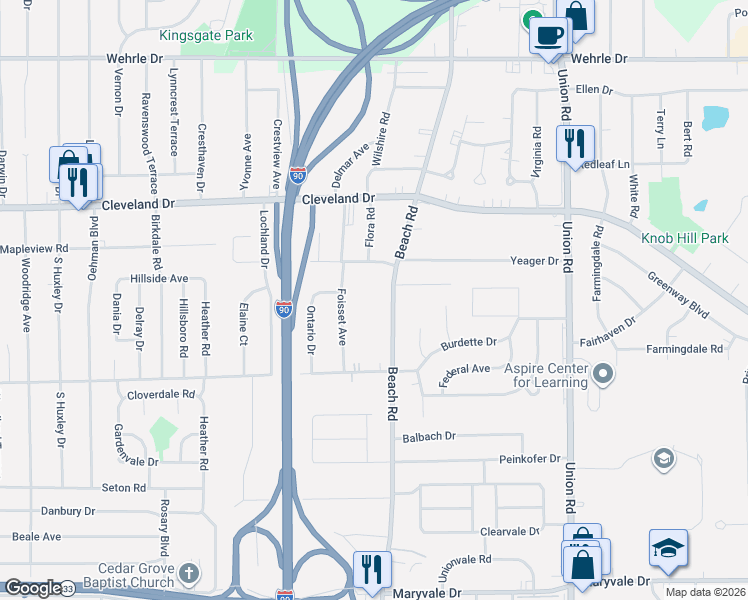 map of restaurants, bars, coffee shops, grocery stores, and more near 782 Beach Road in Cheektowaga