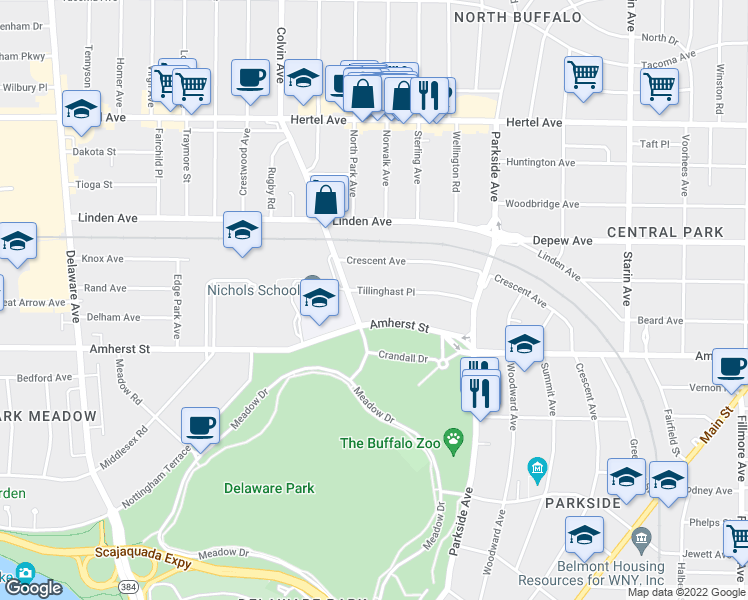map of restaurants, bars, coffee shops, grocery stores, and more near 29 Tillinghast Place in Buffalo