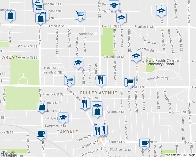 map of restaurants, bars, coffee shops, grocery stores, and more near 1127 Fuller Avenue Southeast in Grand Rapids