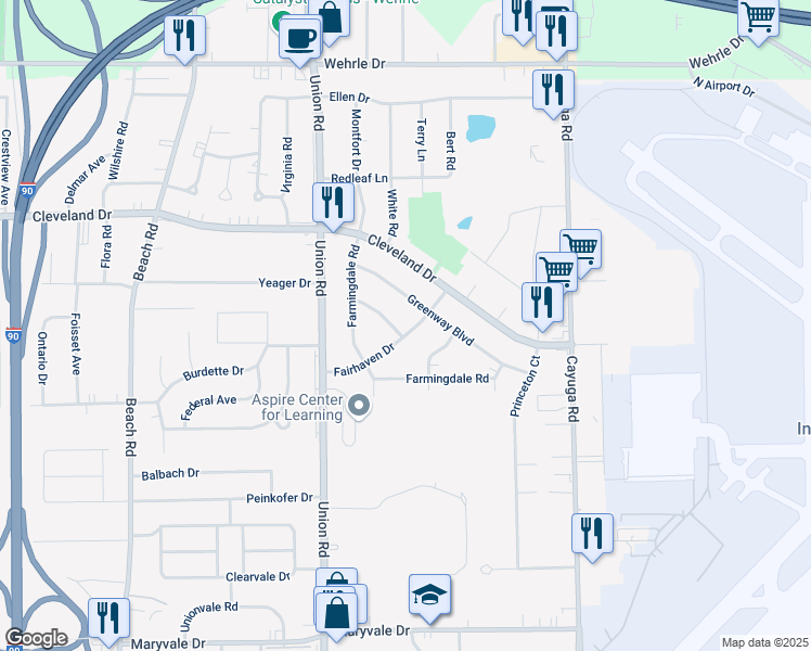 map of restaurants, bars, coffee shops, grocery stores, and more near 46 Fairhaven Drive in Cheektowaga
