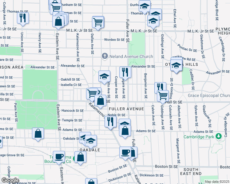 map of restaurants, bars, coffee shops, grocery stores, and more near 1127 Cooper Avenue Southeast in Grand Rapids