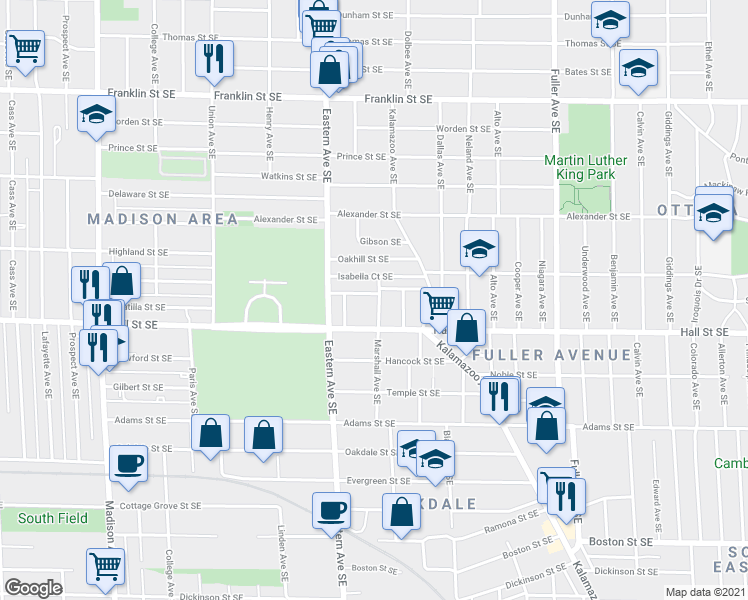 map of restaurants, bars, coffee shops, grocery stores, and more near 1139 Marshall Avenue Southeast in Grand Rapids