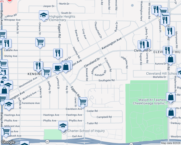 map of restaurants, bars, coffee shops, grocery stores, and more near 30 Allendale Road in Buffalo
