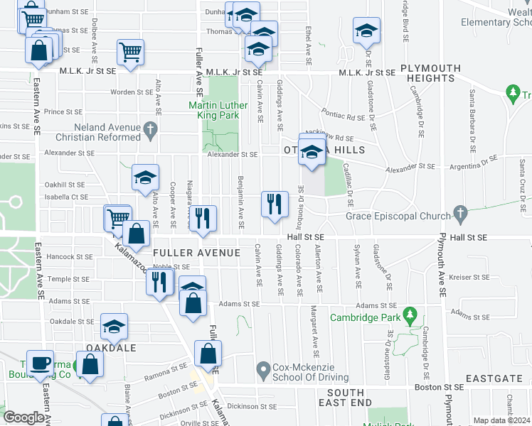 map of restaurants, bars, coffee shops, grocery stores, and more near 1124 Calvin Avenue Southeast in Grand Rapids