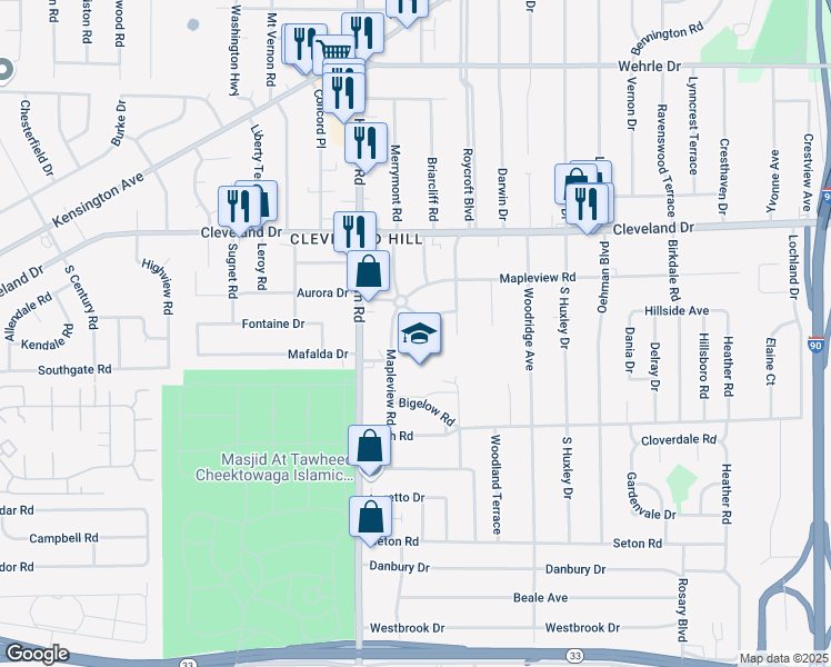 map of restaurants, bars, coffee shops, grocery stores, and more near 7 Gilmore Drive in Buffalo