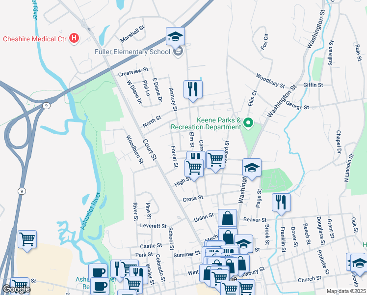 map of restaurants, bars, coffee shops, grocery stores, and more near 17 Baldwin Street in Keene