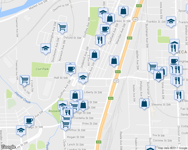 map of restaurants, bars, coffee shops, grocery stores, and more near 1139 Caulfield Avenue Southwest in Grand Rapids