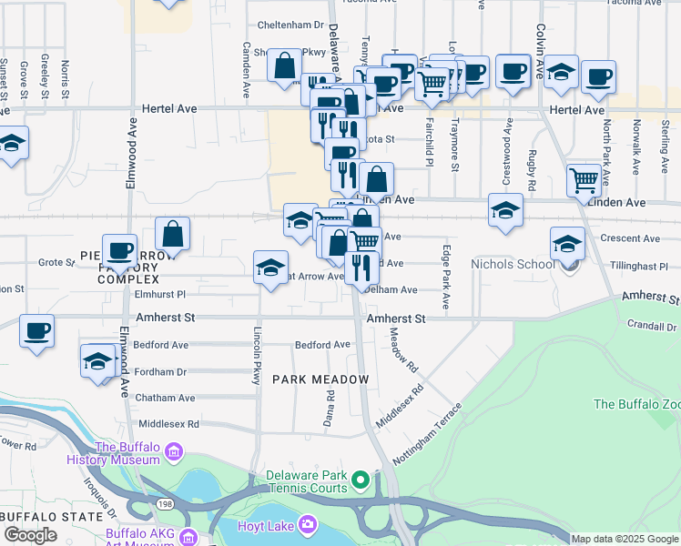 map of restaurants, bars, coffee shops, grocery stores, and more near 2130 Delaware Avenue in Buffalo