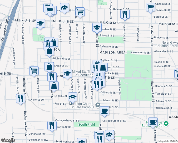 map of restaurants, bars, coffee shops, grocery stores, and more near 1153 Prospect Ave SE in Grand Rapids