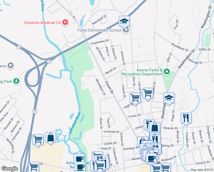 map of restaurants, bars, coffee shops, grocery stores, and more near 326 Court Street in Keene