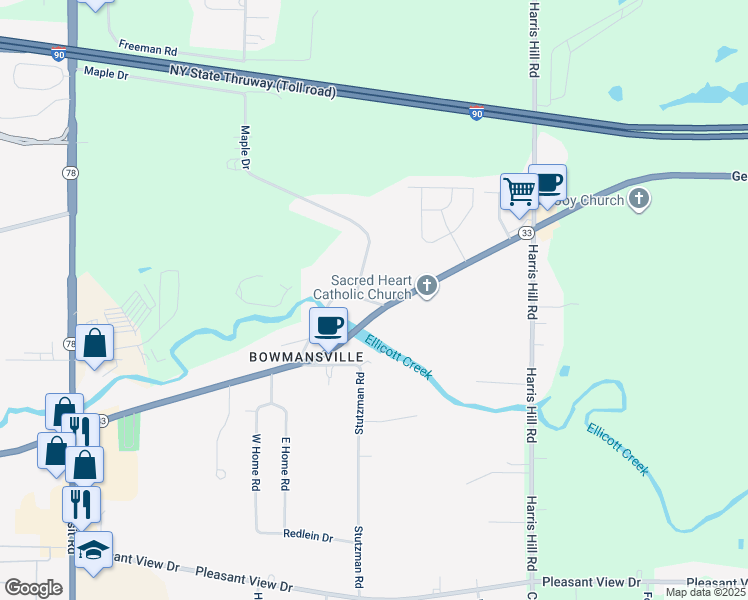 map of restaurants, bars, coffee shops, grocery stores, and more near 54 Main Street in Bowmansville