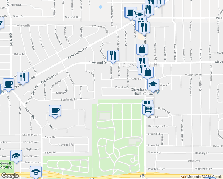 map of restaurants, bars, coffee shops, grocery stores, and more near 41 Fontaine Drive in Buffalo