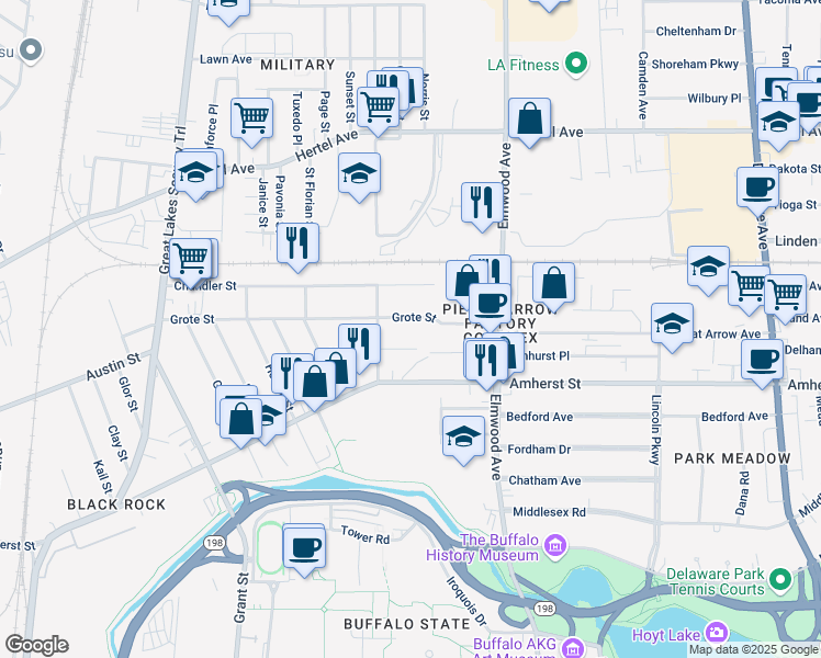 map of restaurants, bars, coffee shops, grocery stores, and more near 259 Grote Street in Buffalo