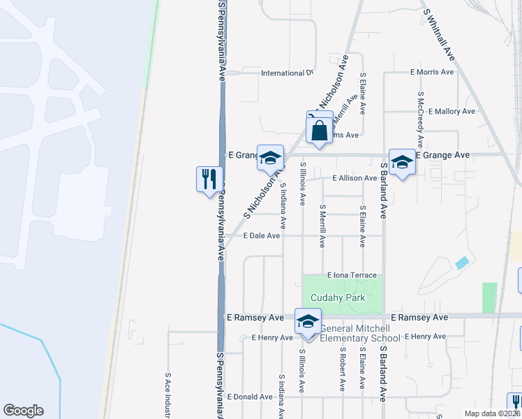 map of restaurants, bars, coffee shops, grocery stores, and more near 2536 East Belsar Avenue in Cudahy