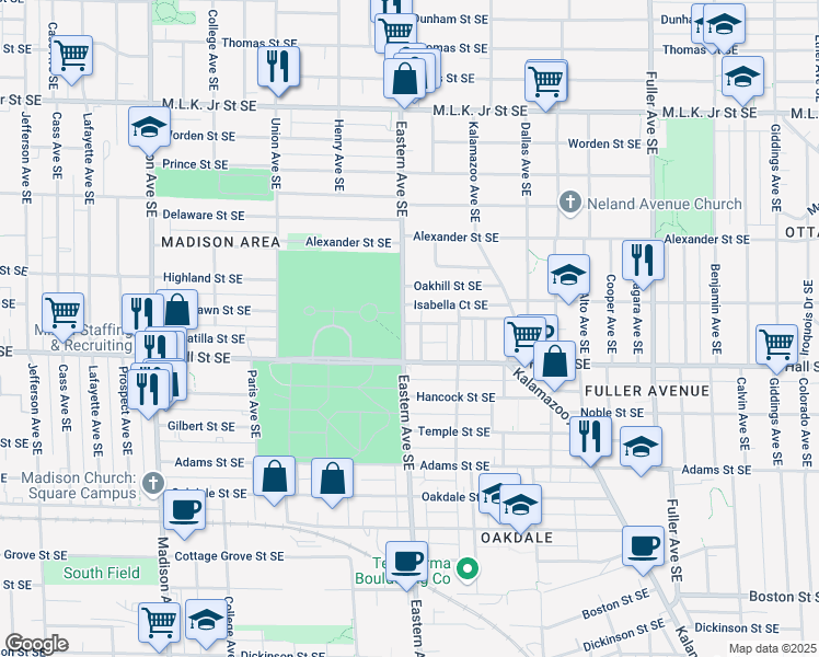 map of restaurants, bars, coffee shops, grocery stores, and more near 802 Humbolt Street Southeast in Grand Rapids