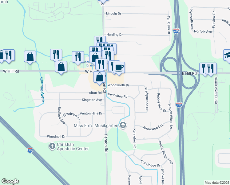 map of restaurants, bars, coffee shops, grocery stores, and more near 1039 Kennebec Road in Grand Blanc