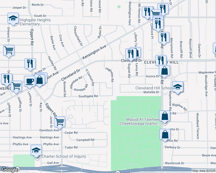map of restaurants, bars, coffee shops, grocery stores, and more near 86 Meaford Road in Buffalo