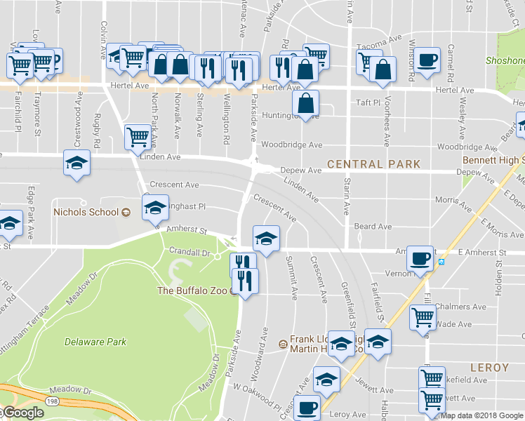 map of restaurants, bars, coffee shops, grocery stores, and more near 480 Woodward Avenue in Buffalo