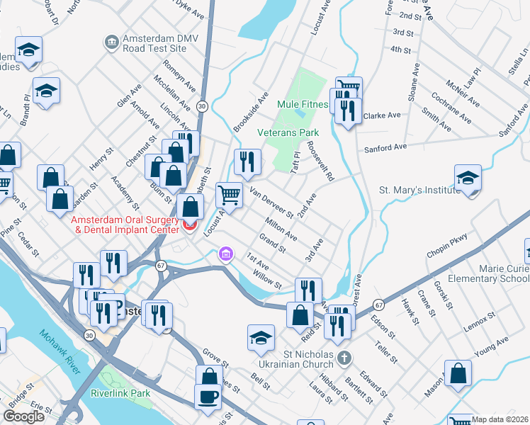 map of restaurants, bars, coffee shops, grocery stores, and more near 28 Milton Avenue in Amsterdam