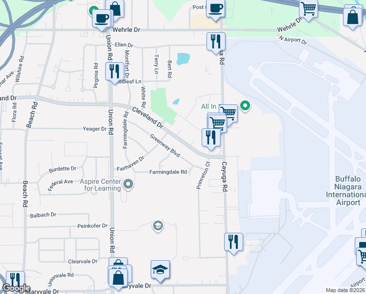 map of restaurants, bars, coffee shops, grocery stores, and more near 150 Greenway Boulevard in Buffalo