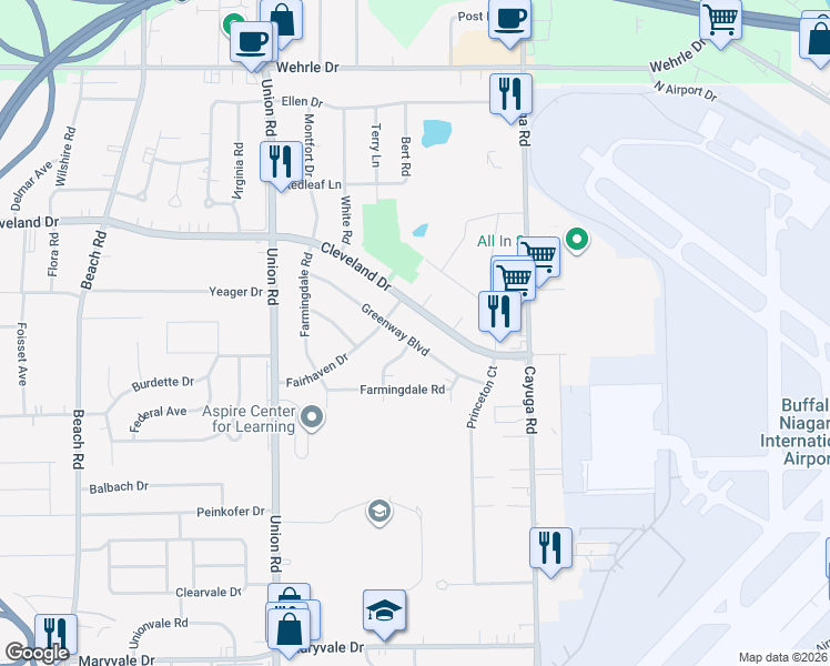map of restaurants, bars, coffee shops, grocery stores, and more near 150 Greenway Boulevard in Buffalo