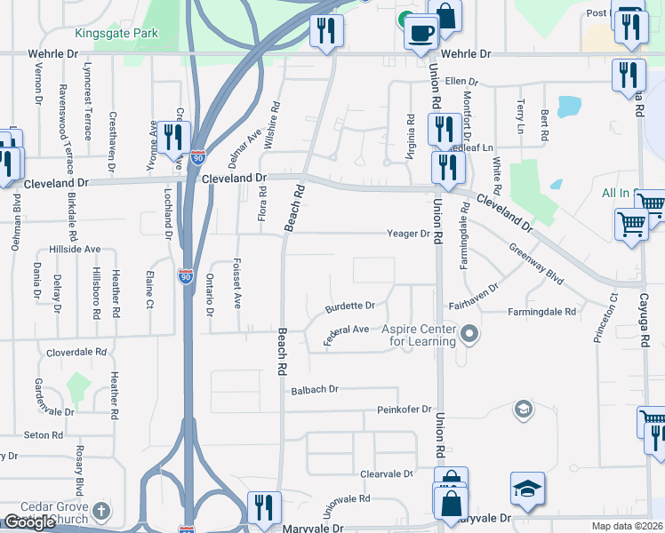 map of restaurants, bars, coffee shops, grocery stores, and more near 37 Wing Court in Buffalo
