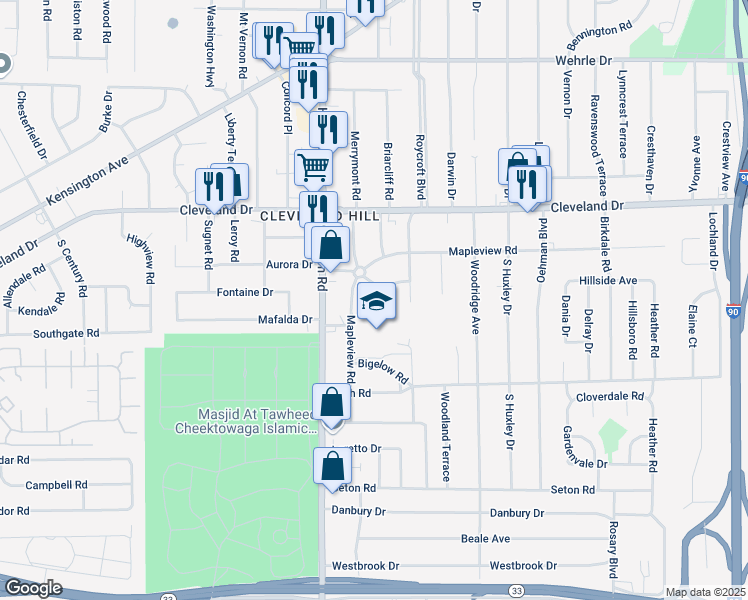 map of restaurants, bars, coffee shops, grocery stores, and more near 7 Gilmore Drive in Buffalo