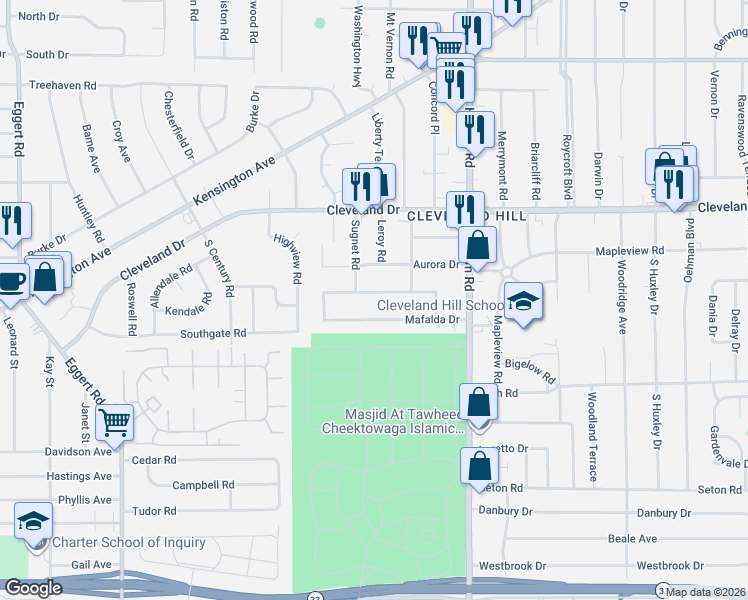 map of restaurants, bars, coffee shops, grocery stores, and more near 81 Fontaine Drive in Buffalo