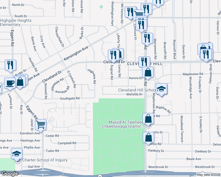 map of restaurants, bars, coffee shops, grocery stores, and more near 41 Fontaine Drive in Buffalo