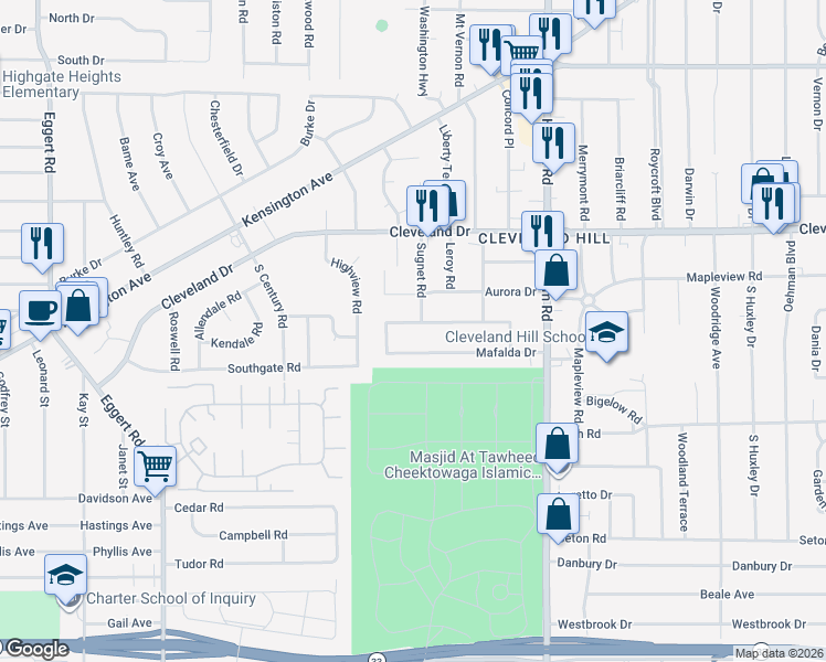 map of restaurants, bars, coffee shops, grocery stores, and more near 41 Fontaine Drive in Buffalo