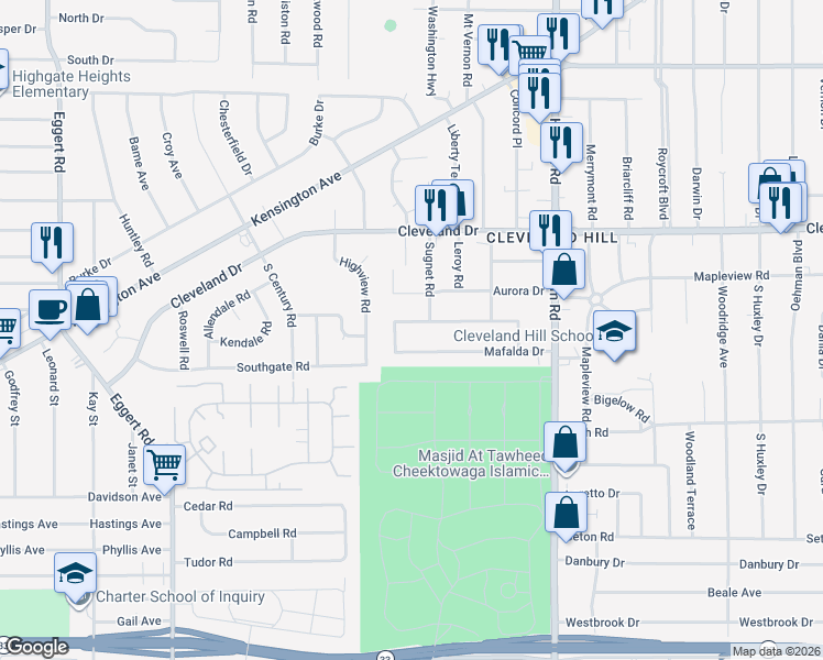 map of restaurants, bars, coffee shops, grocery stores, and more near 41 Fontaine Drive in Buffalo
