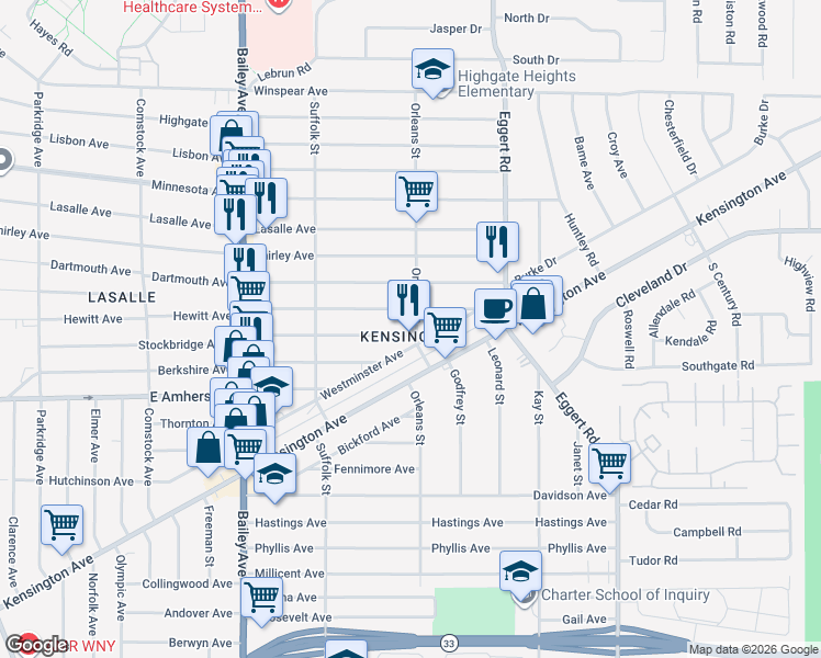 map of restaurants, bars, coffee shops, grocery stores, and more near 574 Stockbridge Avenue in Buffalo
