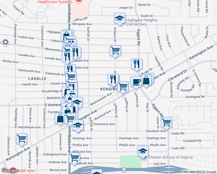 map of restaurants, bars, coffee shops, grocery stores, and more near 534 Stockbridge Avenue in Buffalo