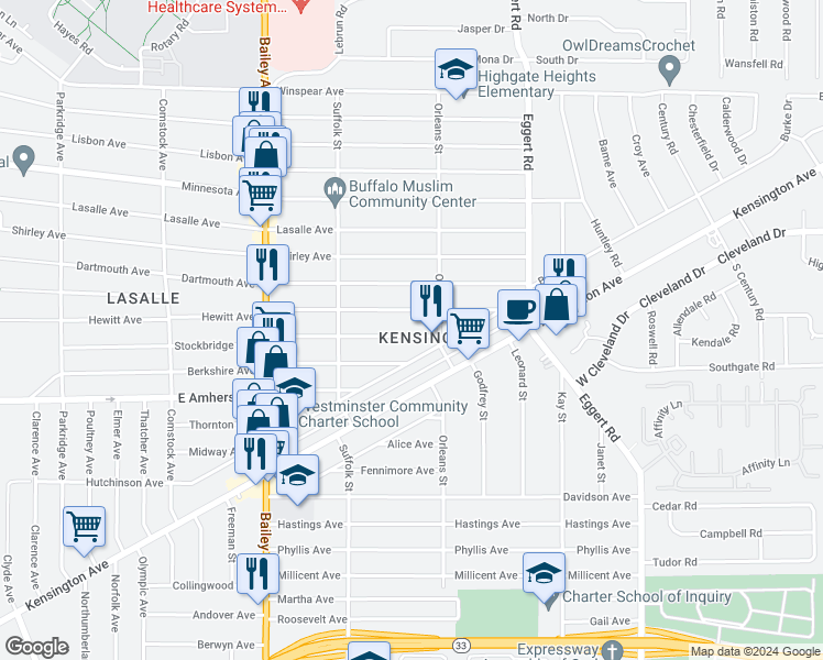 map of restaurants, bars, coffee shops, grocery stores, and more near 534 Stockbridge Avenue in Buffalo