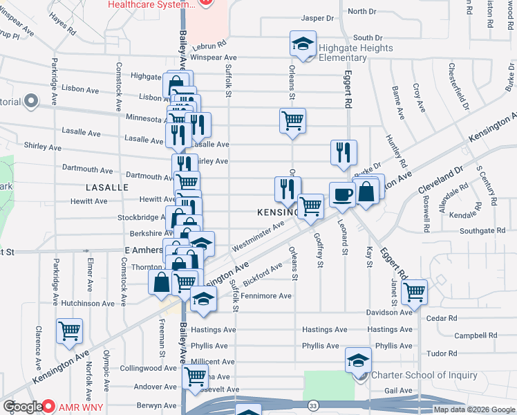 map of restaurants, bars, coffee shops, grocery stores, and more near 534 Stockbridge Avenue in Buffalo