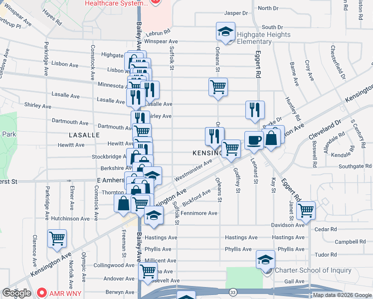 map of restaurants, bars, coffee shops, grocery stores, and more near 496 Stockbridge Avenue in Buffalo