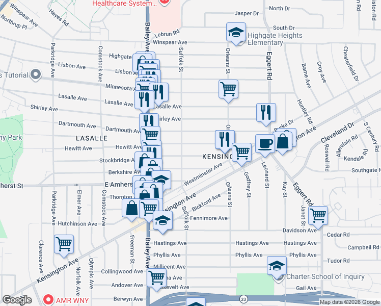 map of restaurants, bars, coffee shops, grocery stores, and more near 496 Stockbridge Avenue in Buffalo