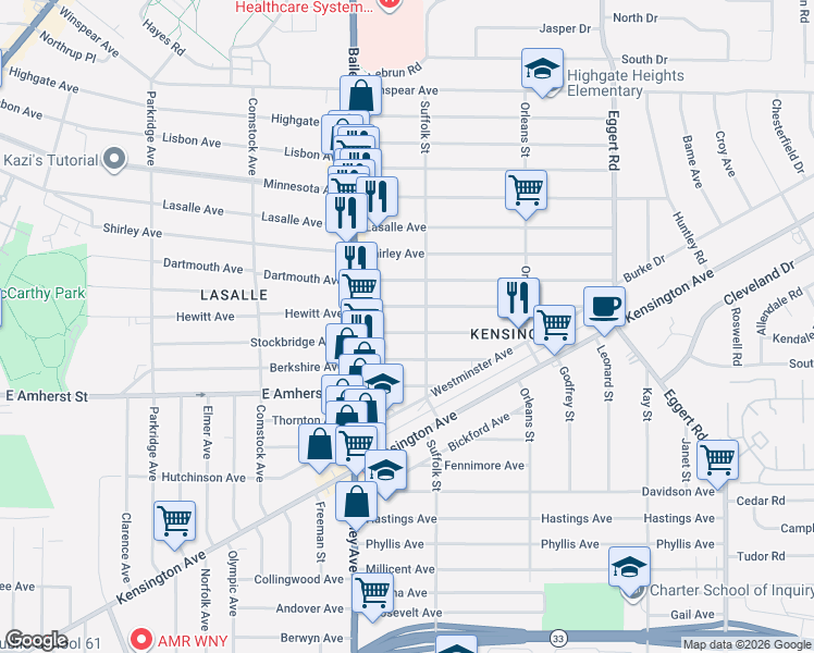 map of restaurants, bars, coffee shops, grocery stores, and more near 456 Stockbridge Avenue in Buffalo