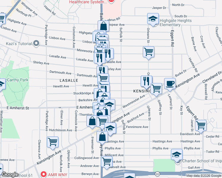 map of restaurants, bars, coffee shops, grocery stores, and more near 414 Stockbridge Avenue in Buffalo