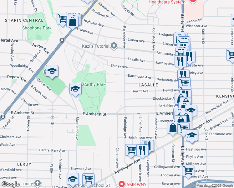 map of restaurants, bars, coffee shops, grocery stores, and more near 262 Parkridge Avenue in Buffalo