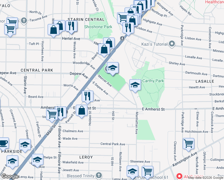 map of restaurants, bars, coffee shops, grocery stores, and more near 105 Mercer Avenue in Buffalo